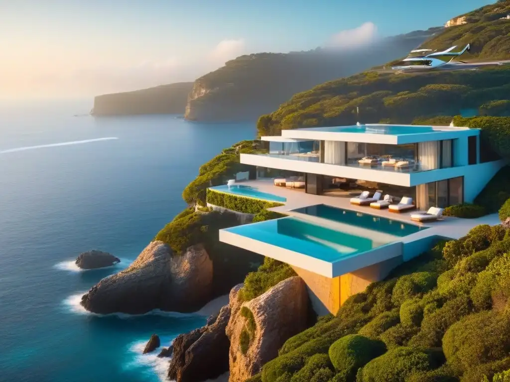 Mansión de lujo en acantilado con vista al mar y piscina infinita al atardecer Residencia de lujo con piscina infinita, helipuerto y vista al mar al atardecer