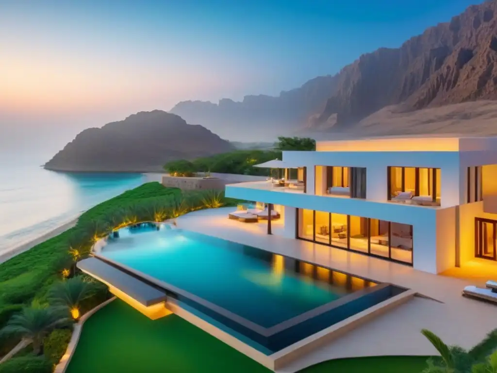 Villa de lujo frente al mar en Omán: lujo y serenidad Residencia de lujo en Omán con playa privada, piscina infinita y arquitectura moderna al atardecer
