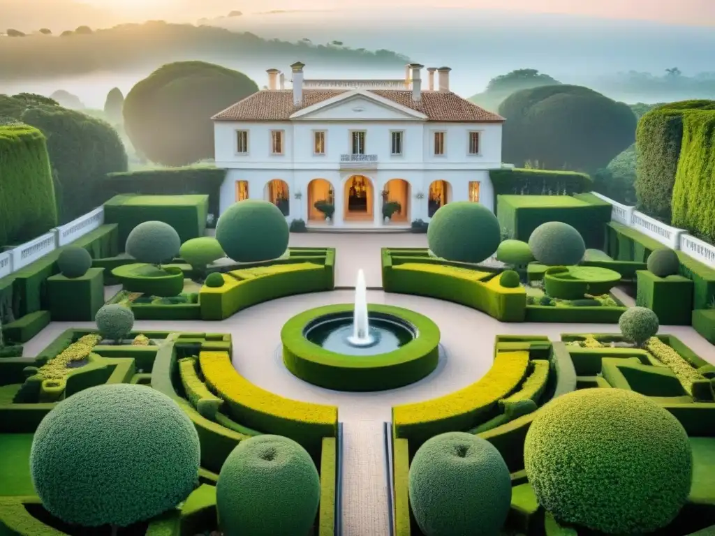 Mansión de lujo entre exuberante vegetación al atardecer Residencia de lujo rodeada de exuberante vegetación, con entrada circular y jardines meticulosamente cuidados al atardecer