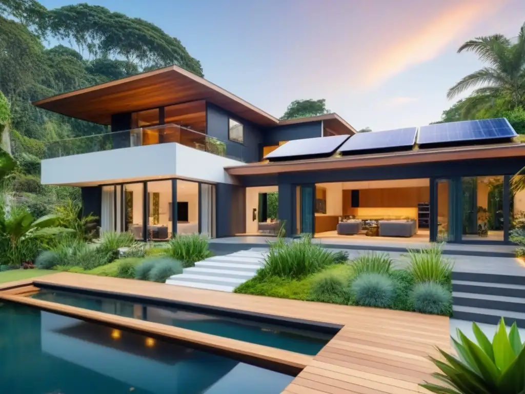 Residencia de lujo eco-sostenible en medio de la naturaleza Residencia de lujo sostenible rodeada de vegetación, con paneles solares, diseño ecoamigable y un Tesla cargando