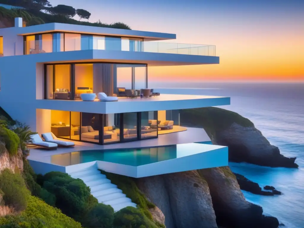 Residencia inteligente de lujo: diseño vanguardista junto al mar Una residencia de lujo y tecnología vanguardia en un acantilado, con vistas al mar al atardecer