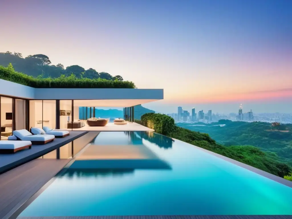 Residencia de lujo con piscina infinita y vista panorámica al atardecer Residencia de lujo con ventanales, piscina infinita y elegante decoración, ideal para inversiones inmobiliarias internacionales de lujo