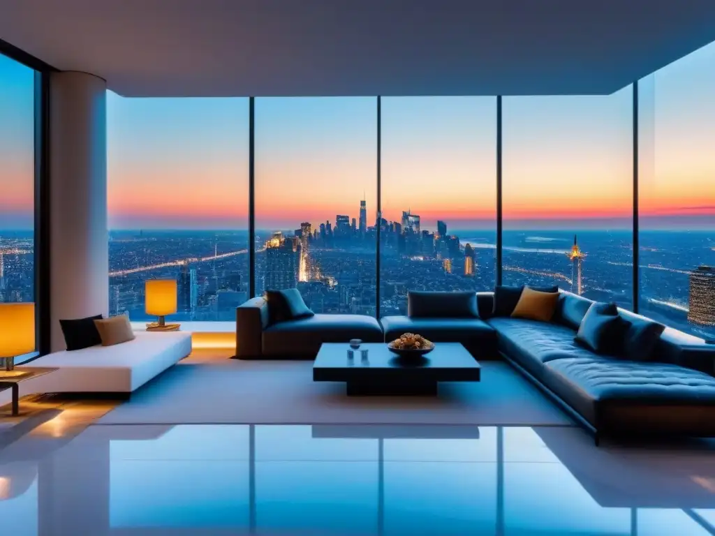 Penthouse de lujo con vistas a la ciudad al atardecer Residencia de lujo con vista a la ciudad al anochecer, diseño elegante y exclusivo