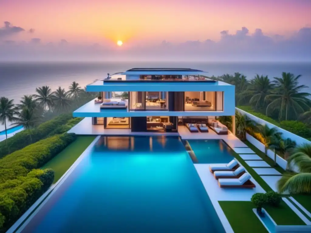 Residencia de lujo con piscina infinita frente al mar al atardecer Residencia de lujo con vista al mar, piscina infinity y diseño elegante