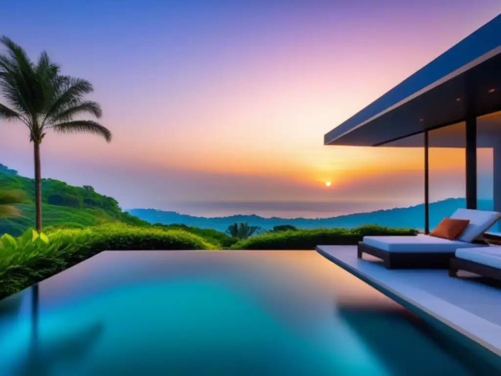 Residencia de lujo: ventanales, piscina y atardecer Residencia de lujo con vista a la piscina infinita y atardecer vibrante