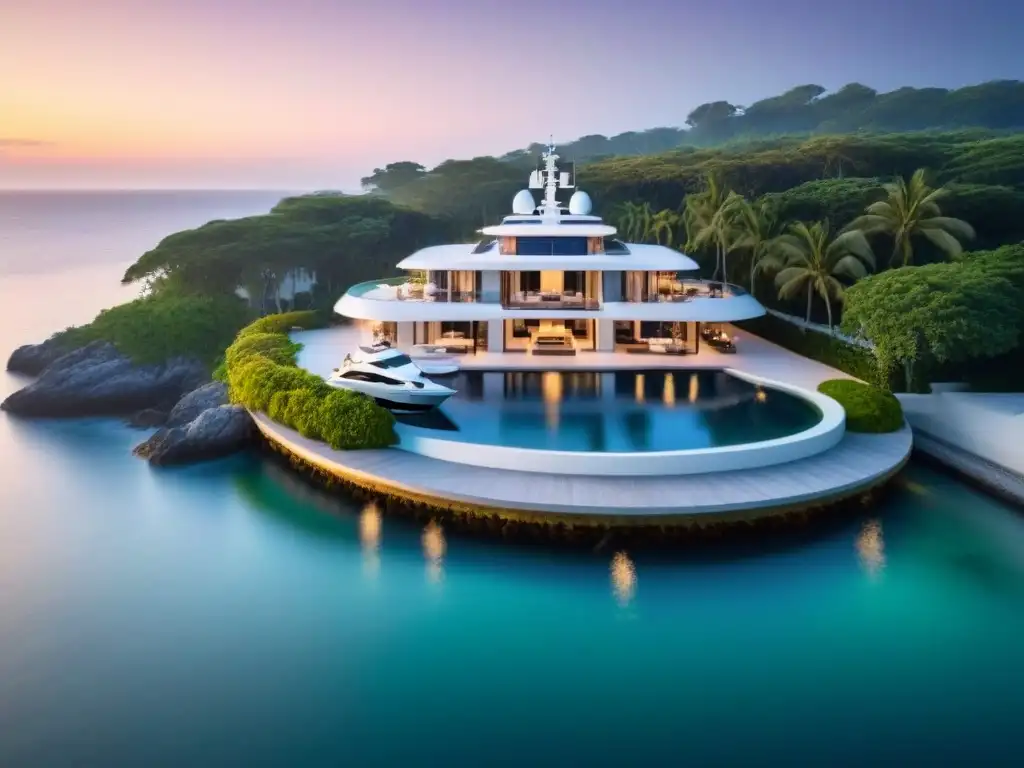 Residencia de lujo frente al mar al atardecer Residencia de lujo con vistas al mar, piscina infinita y jardines exuberantes al atardecer