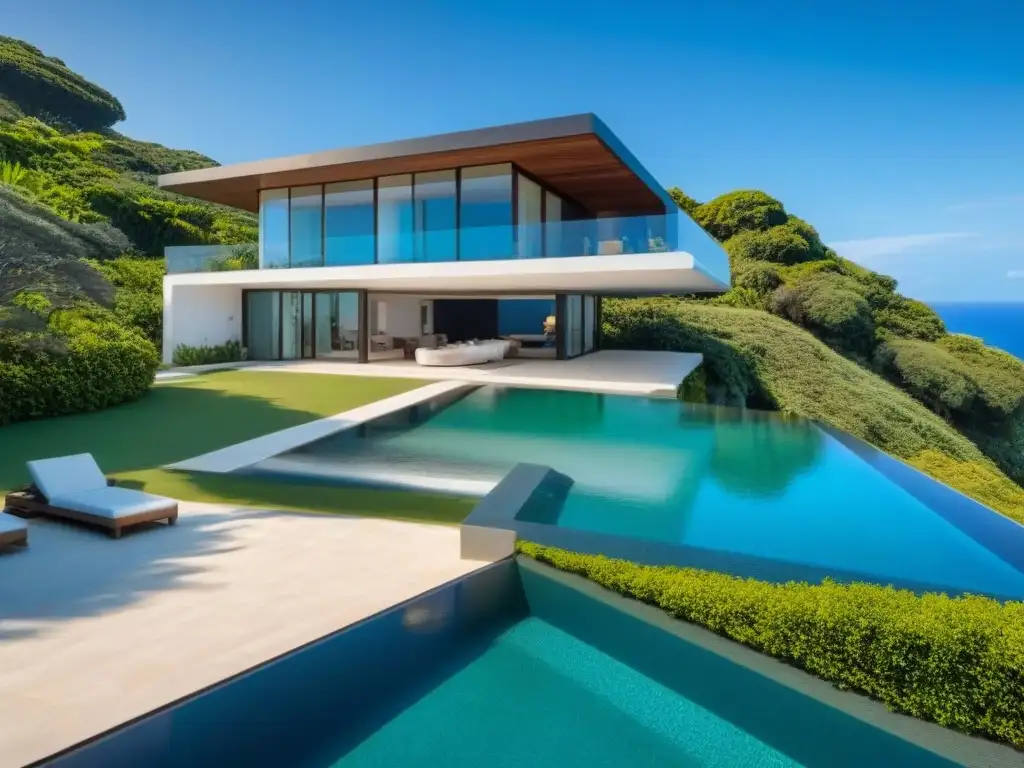 Mansión de lujo con vista al mar turquesa: elegancia y sofisticación Residencia de lujo con vistas al océano turquesa, rodeada de exuberante vegetación y cielo azul