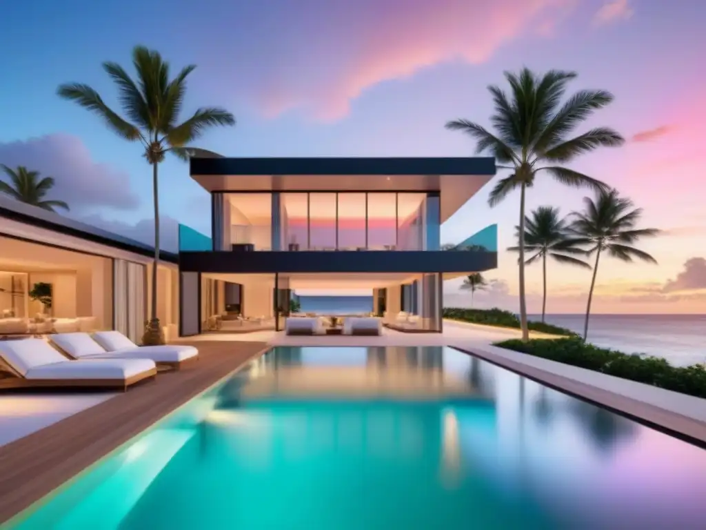 Villa de lujo en la playa al atardecer en el Caribe Residencia lujosa frente al mar Caribe al atardecer, ideal para inversiones inmobiliarias Caribe 2023