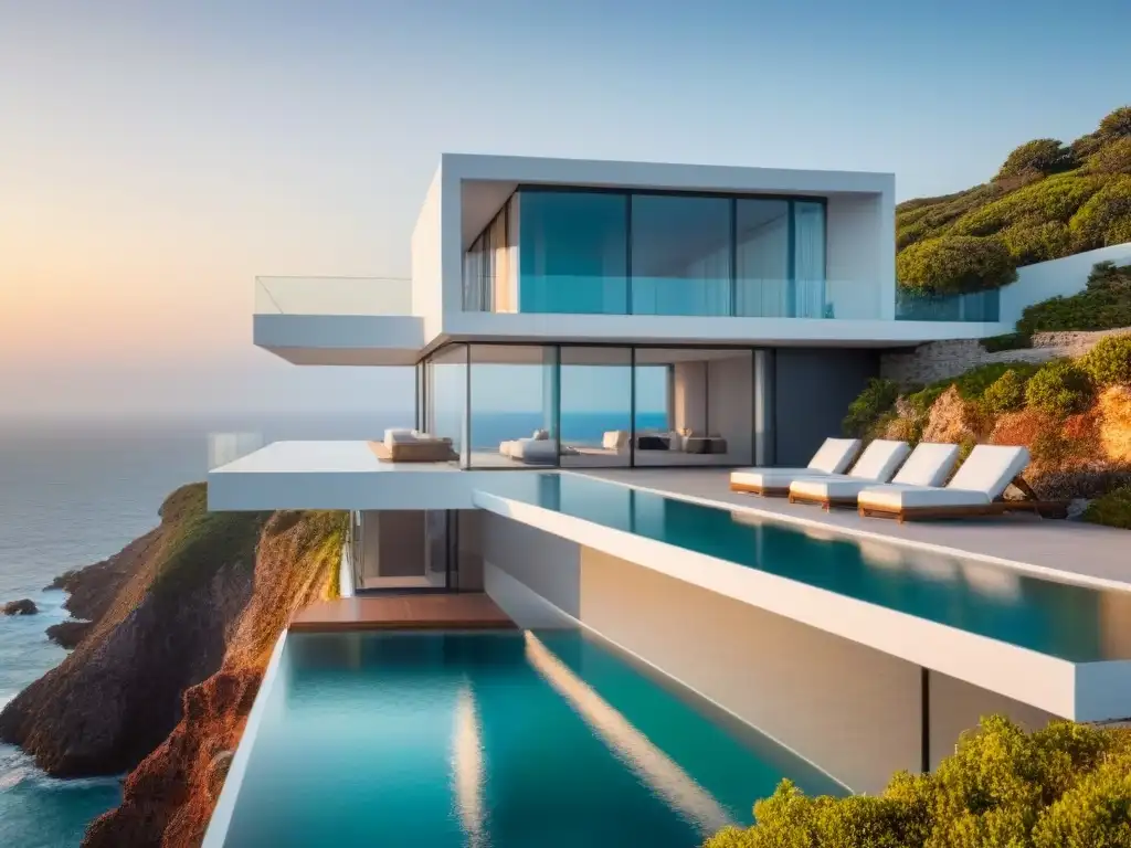 Residencia moderna de lujo en acantilado con piscina infinita al atardecer Residencia moderna en acantilado con vista al mar al atardecer