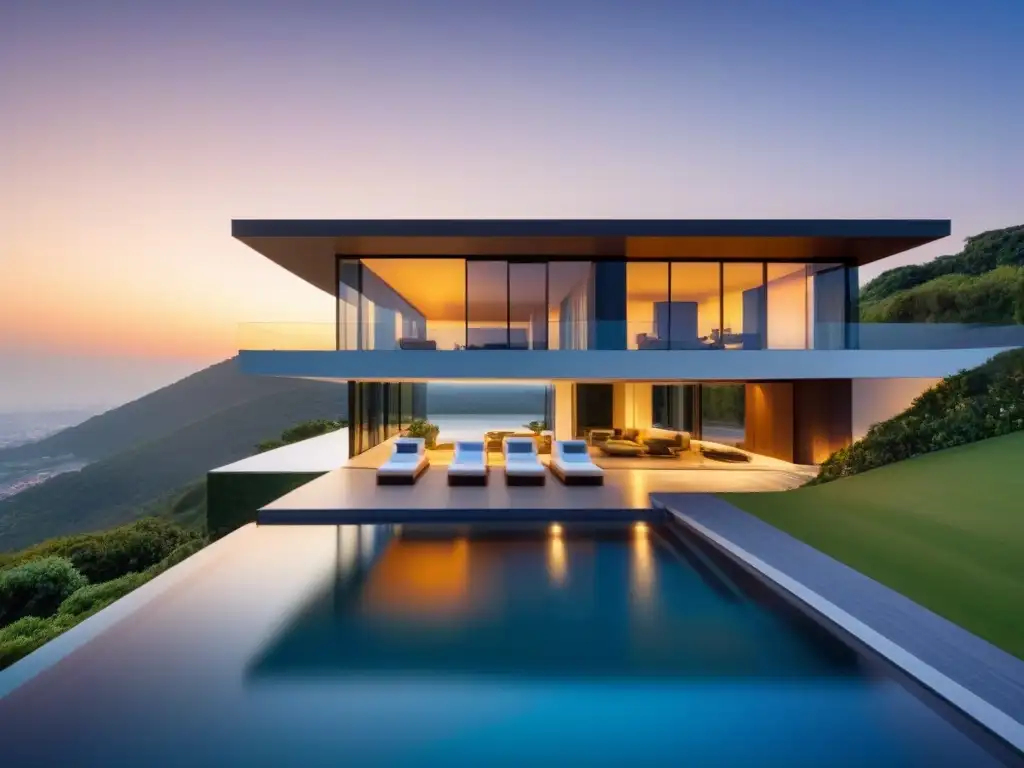 Mansión de lujo al atardecer: belleza natural y arquitectura contemporánea Residencia moderna en colina con diseño minimalista y piscina infinita, contrastando con la puesta de sol