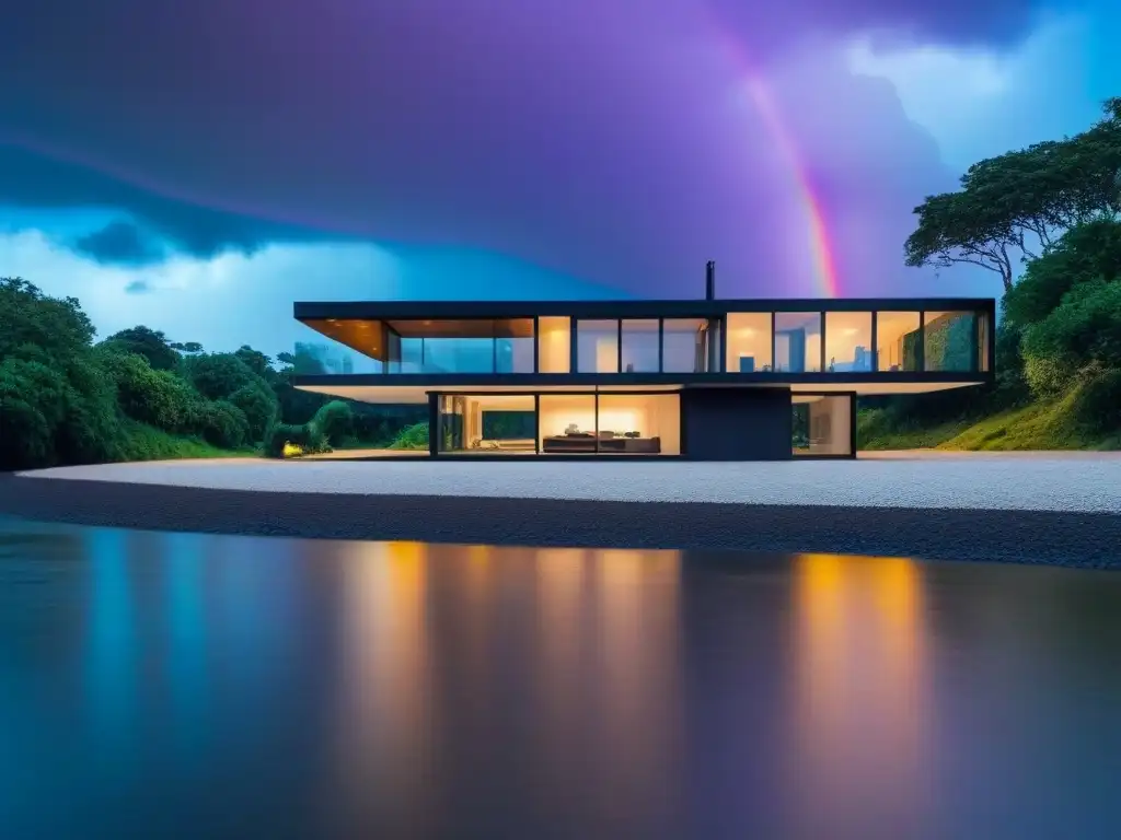 Residencia moderna en paisaje resistente al agua: esperanza y protección Una residencia moderna y elegante en un entorno seguro ante inundaciones, rodeada de naturaleza exuberante y protección