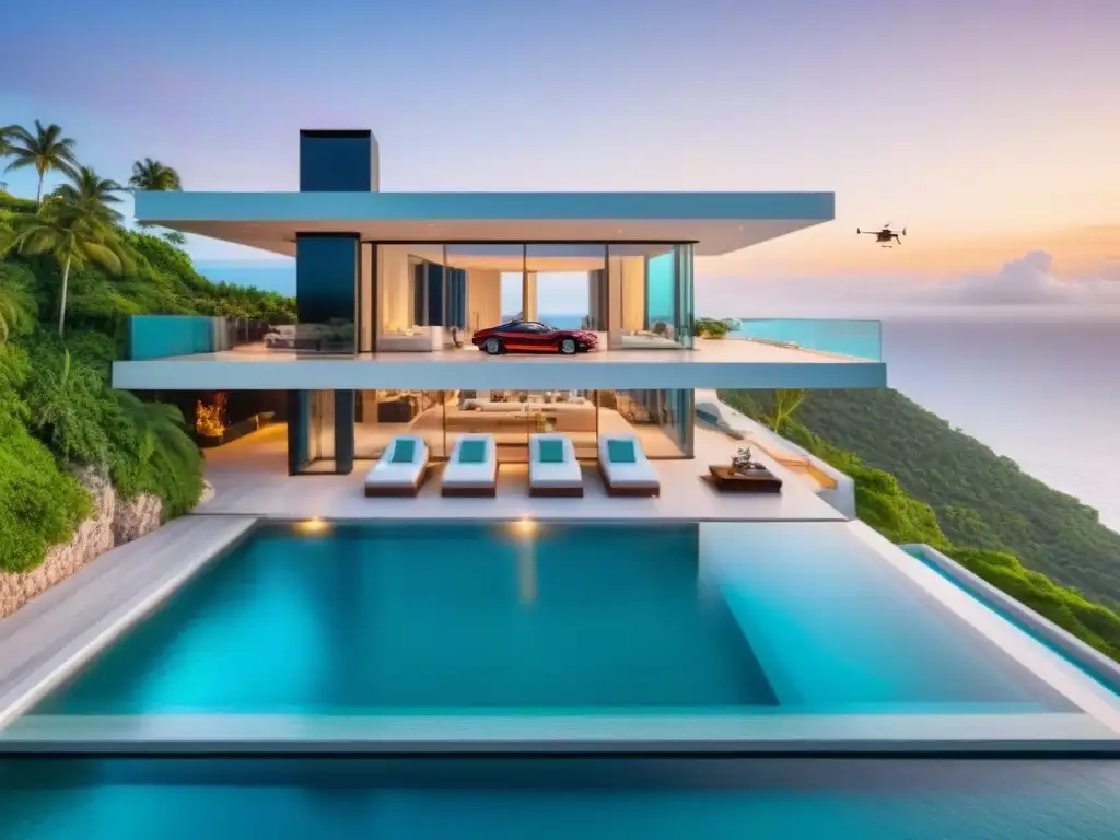 Mansión de lujo con vista al mar y piscina infinita en acantilado Residencia moderna de lujo en acantilado con vistas al océano turquesa rodeada de vegetación exuberante y palmeras