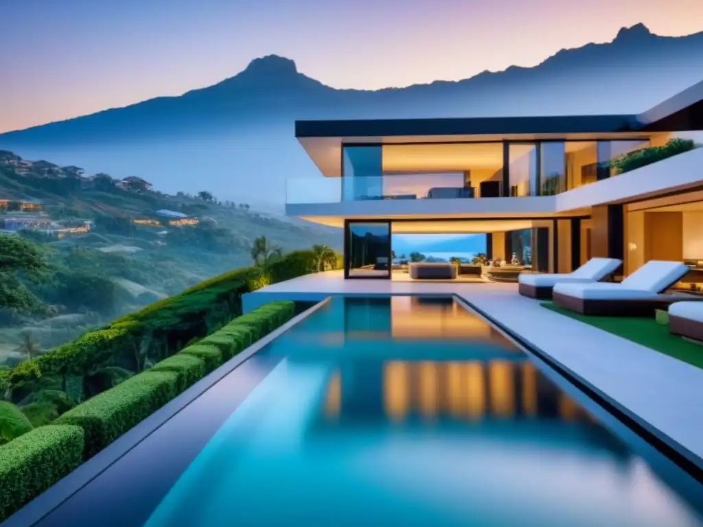 Exclusiva mansión moderna con piscina infinita y vistas a la montaña Residencia moderna de lujo con piscina infinita y vistas a la montaña al atardecer