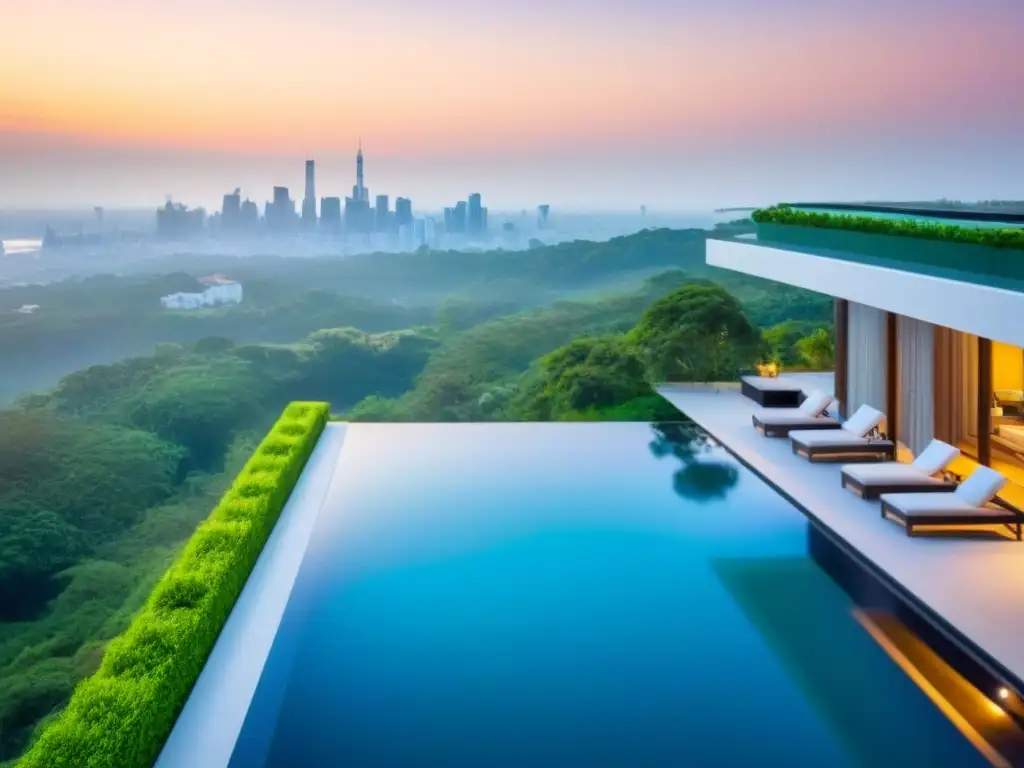 Residencia de lujo con piscina infinita y vista panorámica al atardecer Residencia moderna de lujo con piscina infinita y vista panorámica al atardecer