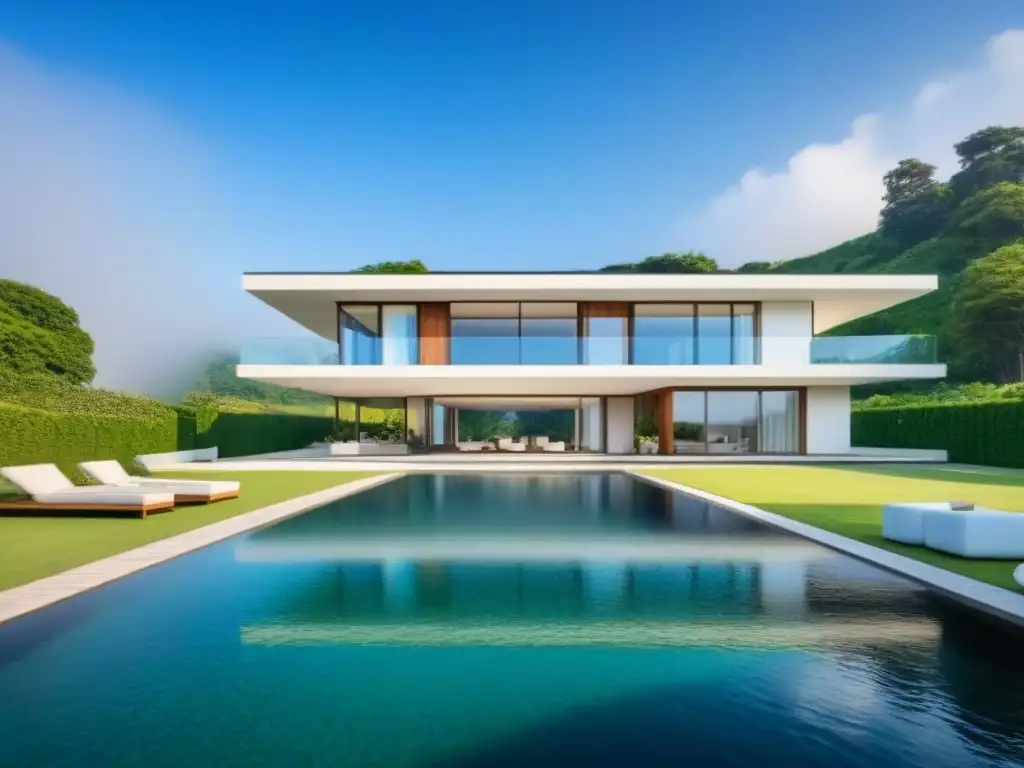 Residencia de lujo en lago sereno: arquitectura elegante y entorno natural Residencia moderna de lujo con vista al lago, rodeada de exuberante vegetación y cielo azul