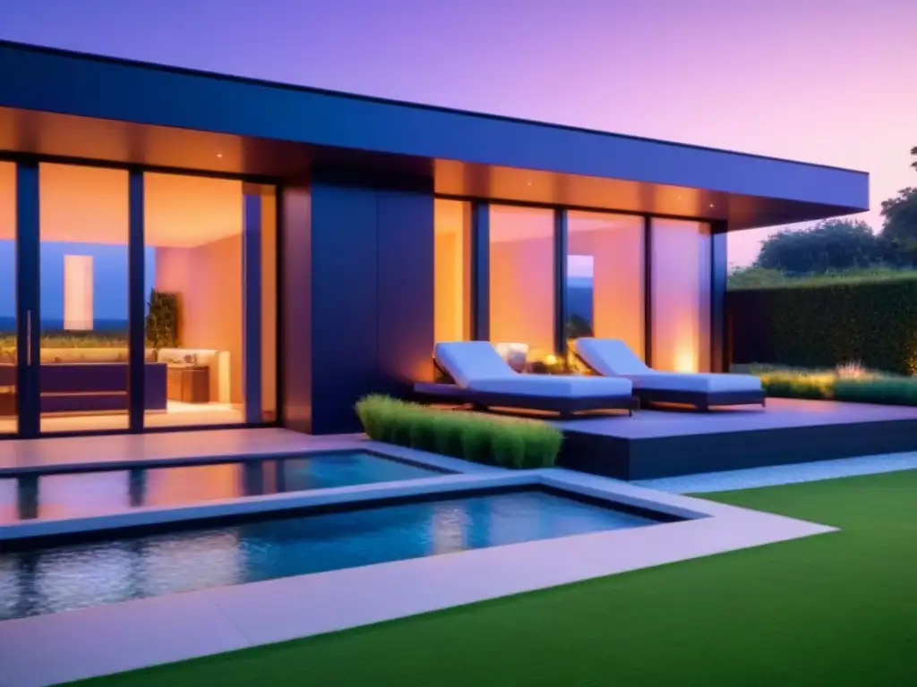 Residencia inteligente de lujo al atardecer con jardín exquisito Residencia moderna de lujo con jardín y tecnología IoT, iluminación cálida al anochecer