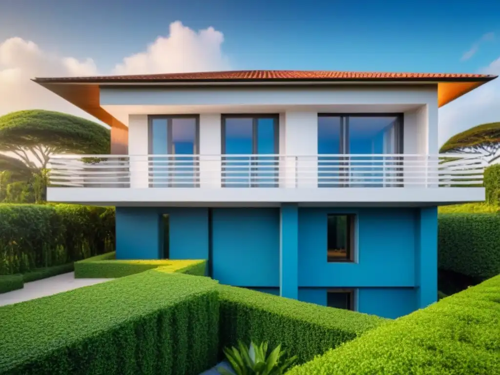 Casa moderna resistente a desastres naturales en entorno seguro Residencia moderna con medidas de protección contra desastres naturales, rodeada de naturaleza exuberante y cielo azul claro