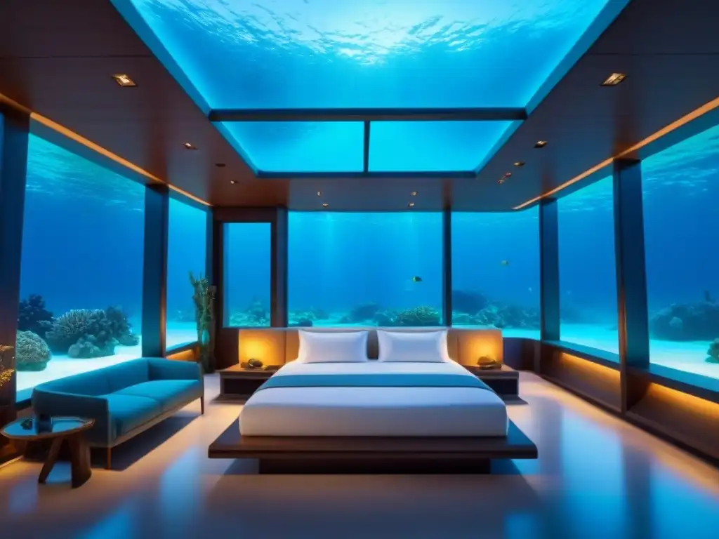 Residencia submarina de lujo con vista a arrecifes de coral Residencia submarina de lujo con dormitorio espacioso y vista a arrecifes de coral y vida marina exótica