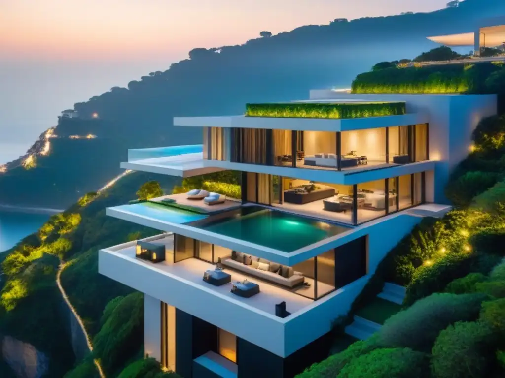 Residencia de lujo con vista panorámica en acantilado al anochecer Residencia ultramoderna en acantilado con vista a la ciudad al anochecer para inversionistas globales mercado inmobiliario