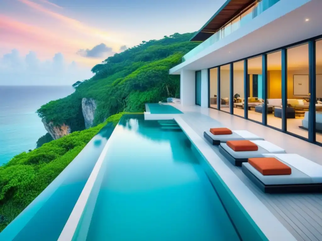 Exclusiva casa de vacaciones de lujo frente al mar Residencia vacacional de lujo en acantilado con vista al mar turquesa, diseño moderno y cálido ambiente para familias globales