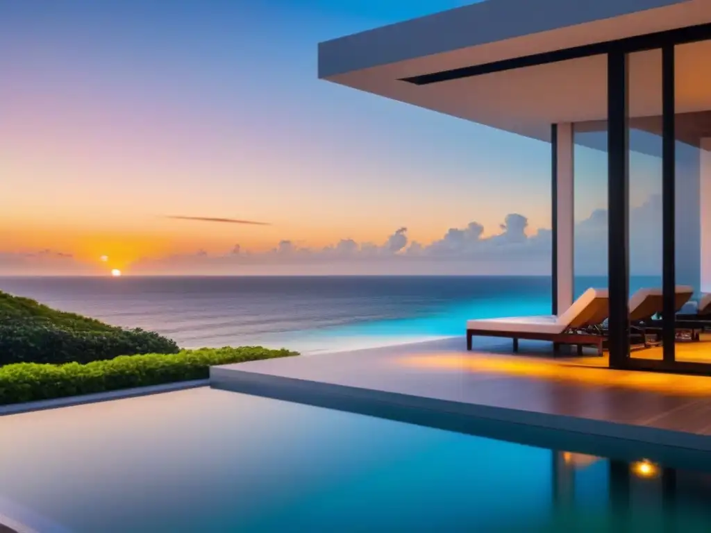 Propiedad vacacional de lujo frente a la playa al atardecer Una residencia vacacional de lujo frente al mar con arquitectura moderna, piscina infinity y exuberante vegetación tropical