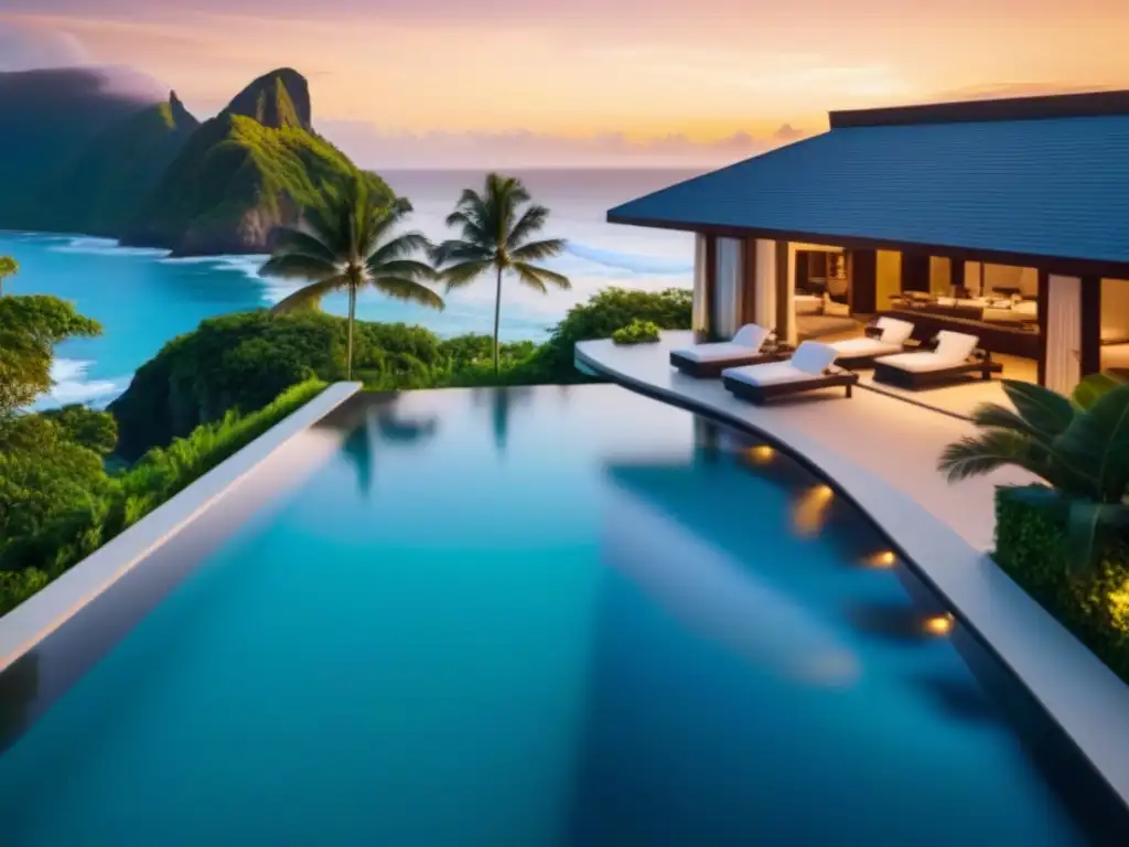 Propiedad vacacional de lujo frente al mar: exclusividad y relax Residencia vacacional de lujo con piscina infinita y pareja disfrutando cócteles al atardecer