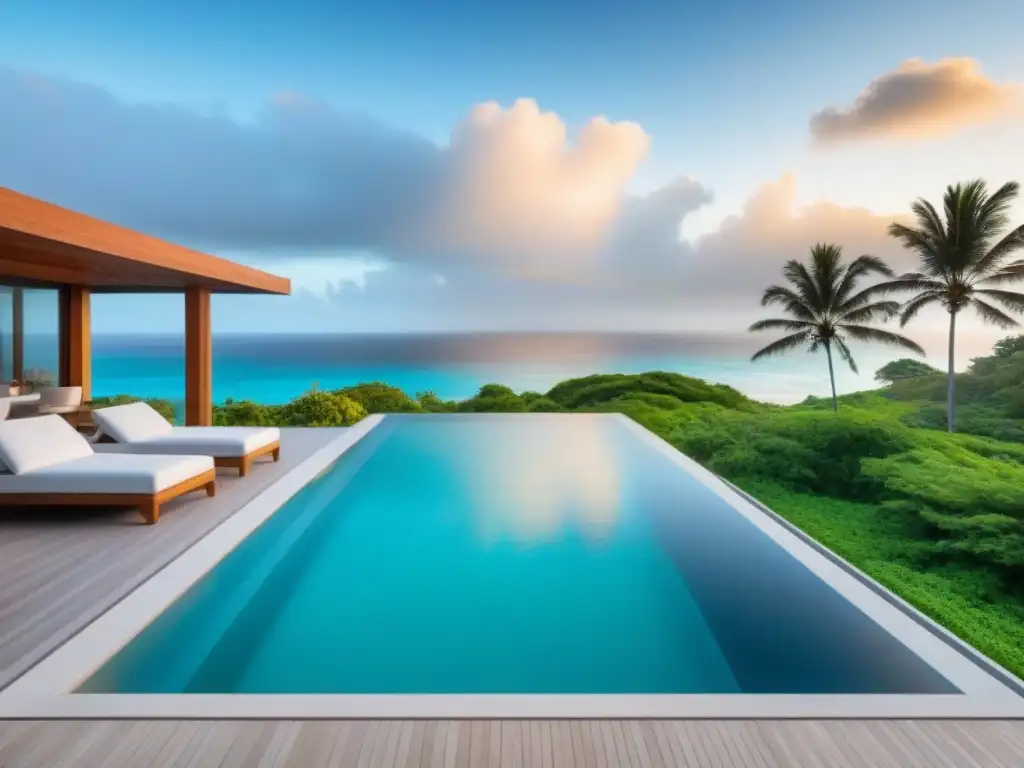 Villa de lujo en la playa: infinito relax y sofisticación Residencia vacacional de lujo con piscina infinita y vista al mar turquesa al atardecer