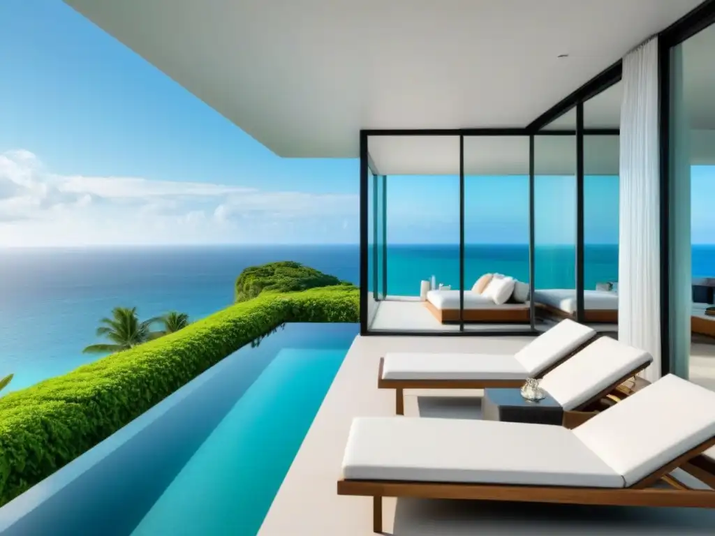 Propiedad vacacional de lujo con piscina infinita y vistas al mar turquesa Residencia vacacional moderna con vista al mar, rodeada de naturaleza exuberante