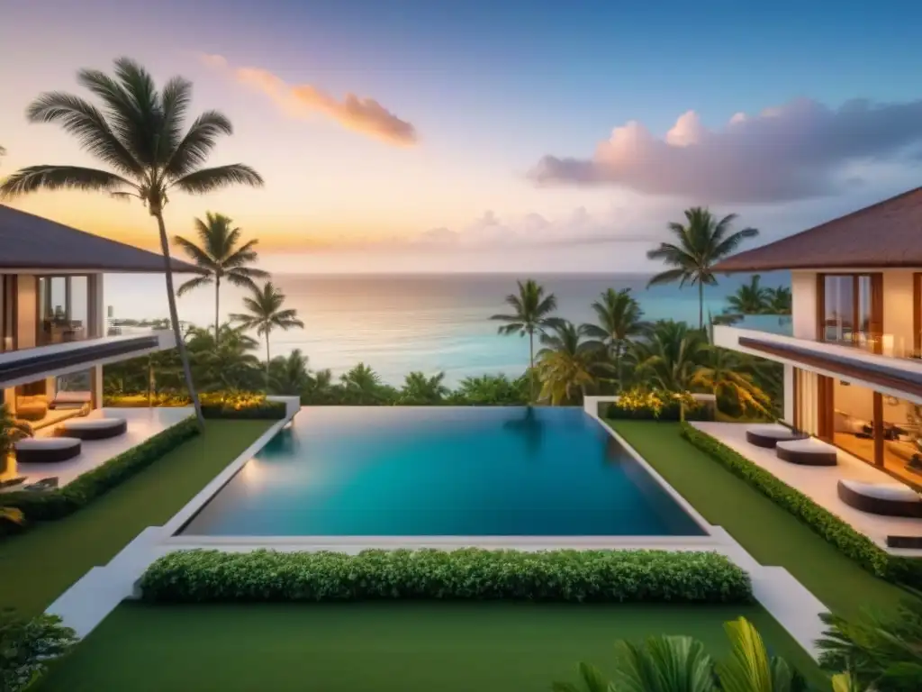 Residencia de lujo frente al mar con piscina infinita, atardecer dorado Residencia vacacional con piscina infinita y vista al mar, rodeada de exuberante vegetación al atardecer