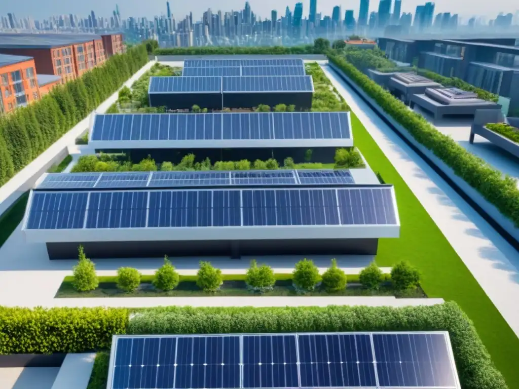 Complejo habitacional moderno y verde en ciudad vibrante Inversión residencial global vivienda asequible: Complejo de viviendas aéreo con espacios verdes, paneles solares y residentes diversos en actividad