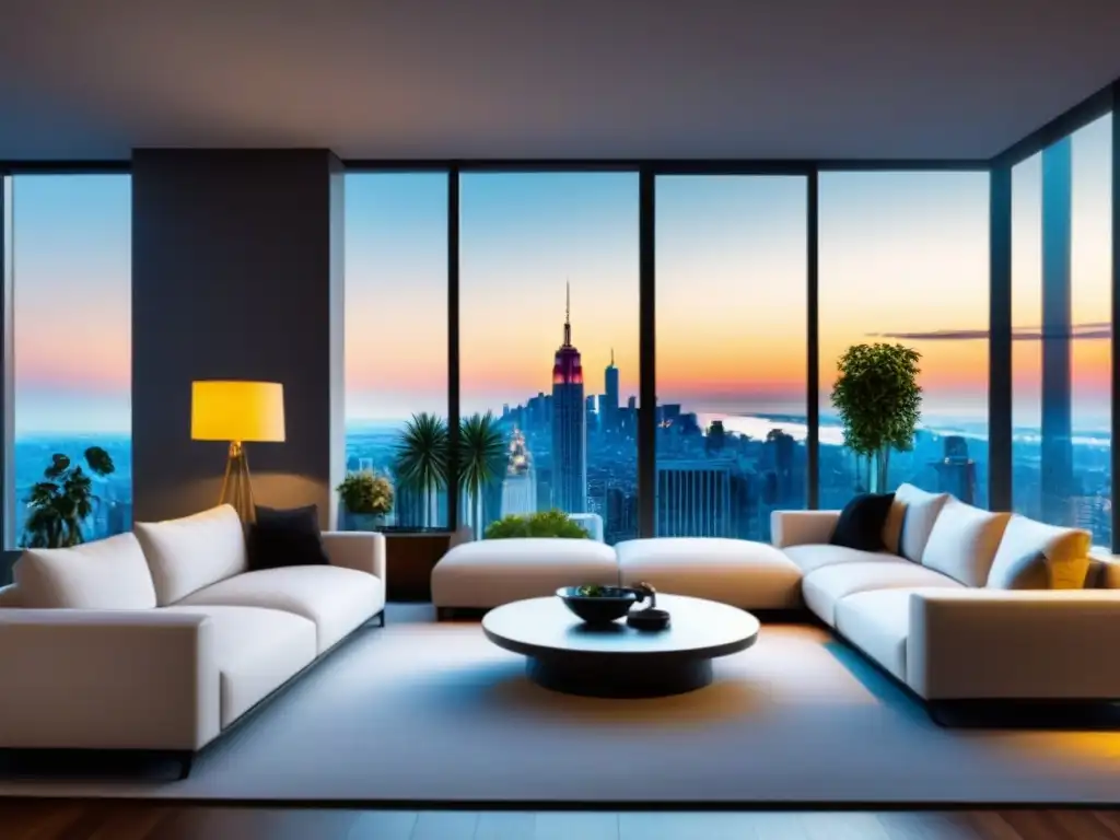 Residencial de lujo al atardecer con diseño moderno, ventanas de piso a techo y terraza en la azotea