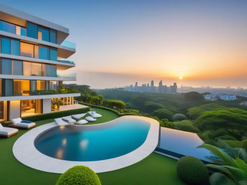 Residencial de lujo en entorno verde con piscina infinita en azotea Residencial de lujo en barrio exclusivo, ventanales, piscina infinita y paisajismo exquisito en alta gama