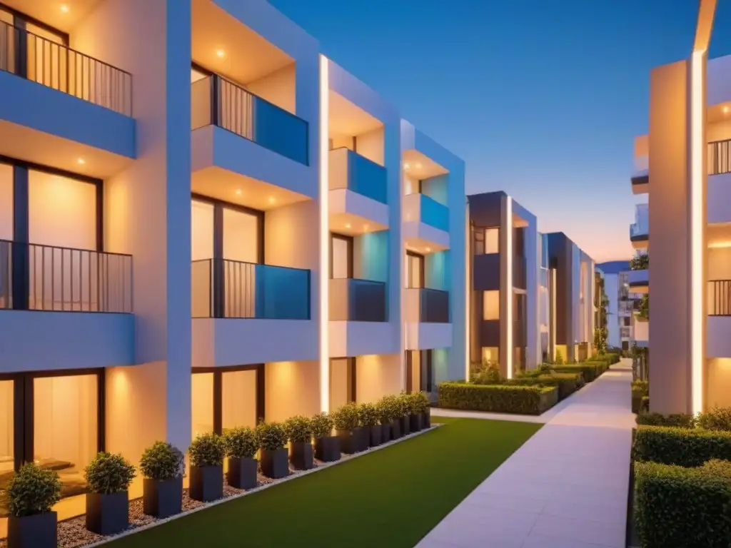 Apartamentos de lujo automatizados al anochecer Residencial de lujo con luces automáticas al anochecer, mostrando la fusión de tecnología y comodidad