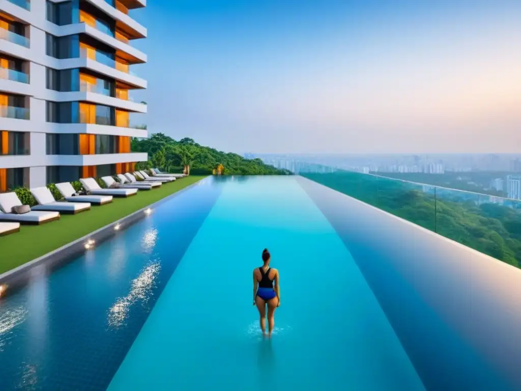 Complejo residencial de lujo con infinity pool y vistas urbanas Residencial de lujo integrando naturaleza y ciudad, ideal para inversiones inmobiliarias internacionales integradas
