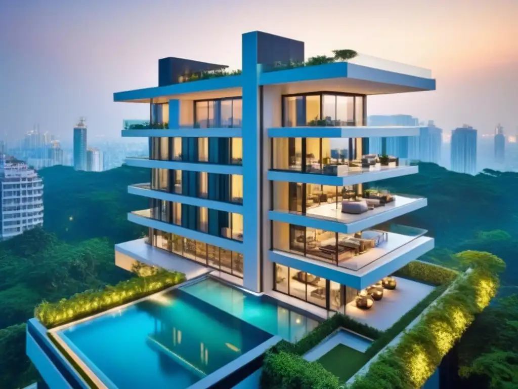 Residencial de lujo: arquitectura moderna y exclusividad urbana Residencial de lujo rodeado de vegetación, con piscina infinita y helipuerto