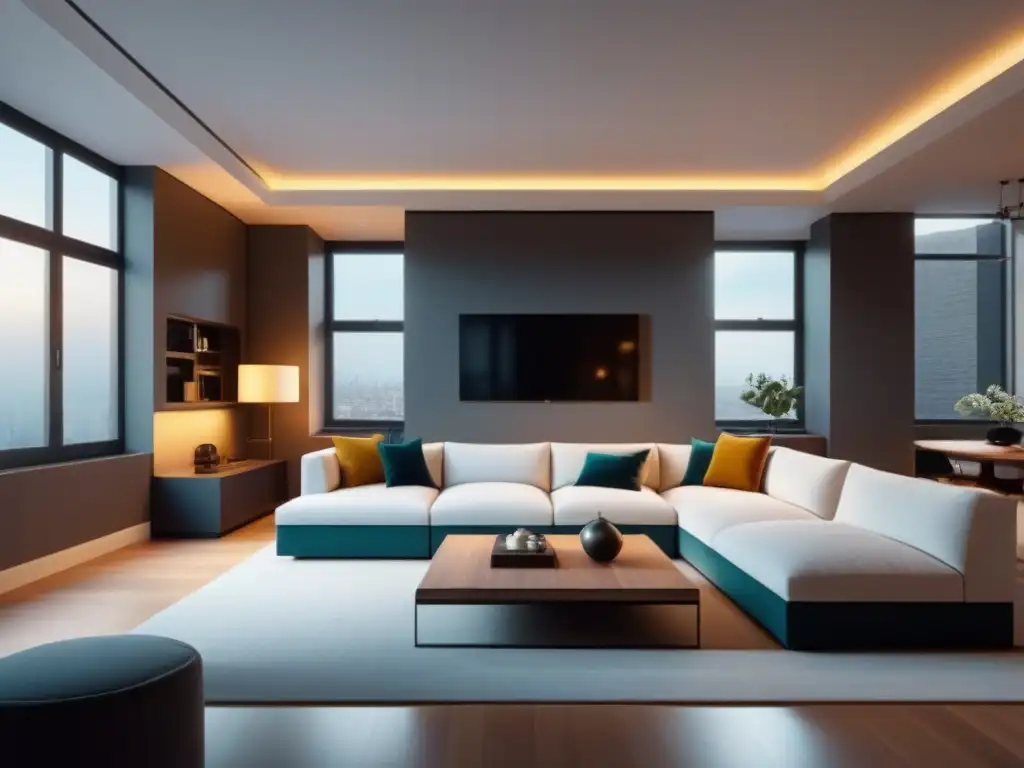Salón residencial moderno y multifuncional en tonos neutros y vibrantes Diseño residencial moderno con optimización de espacios multifuncionales y elegante mobiliario modular