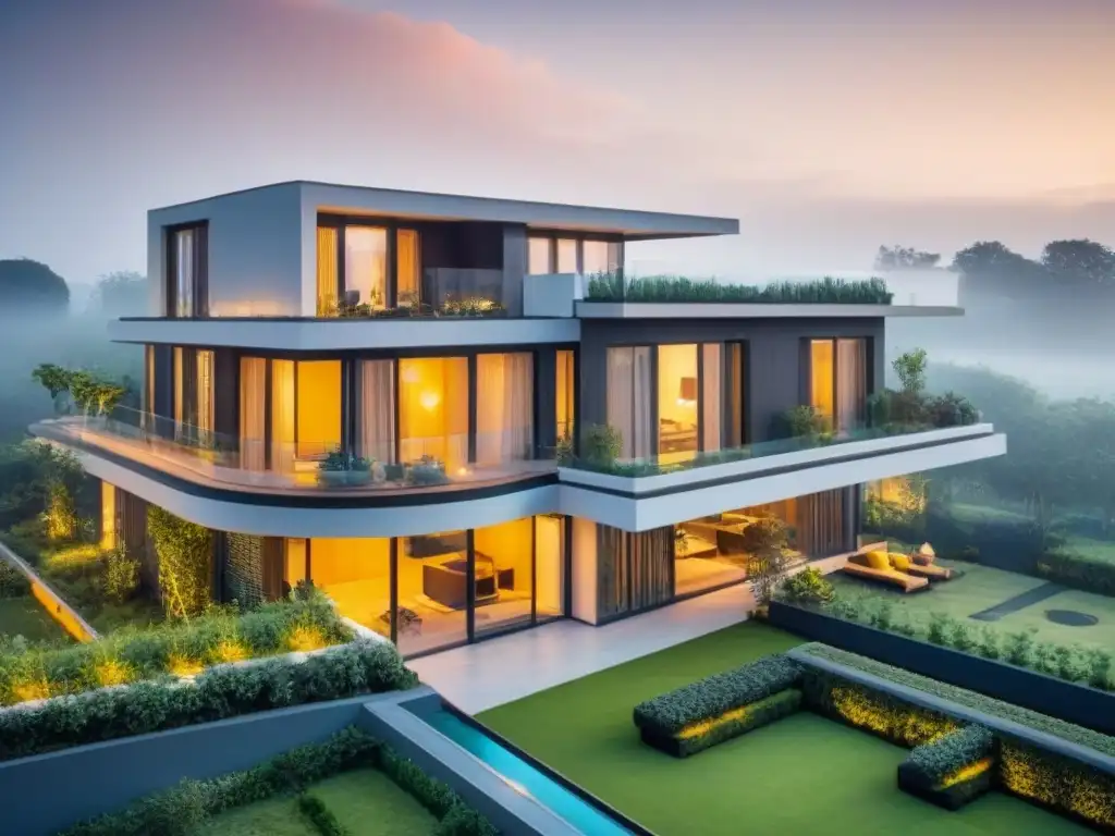 Edificio residencial futurista con diseño sostenible y tecnológico Diseño residencial tendencias futuras: Edificio moderno con líneas futuristas, grandes ventanales y elementos sostenibles