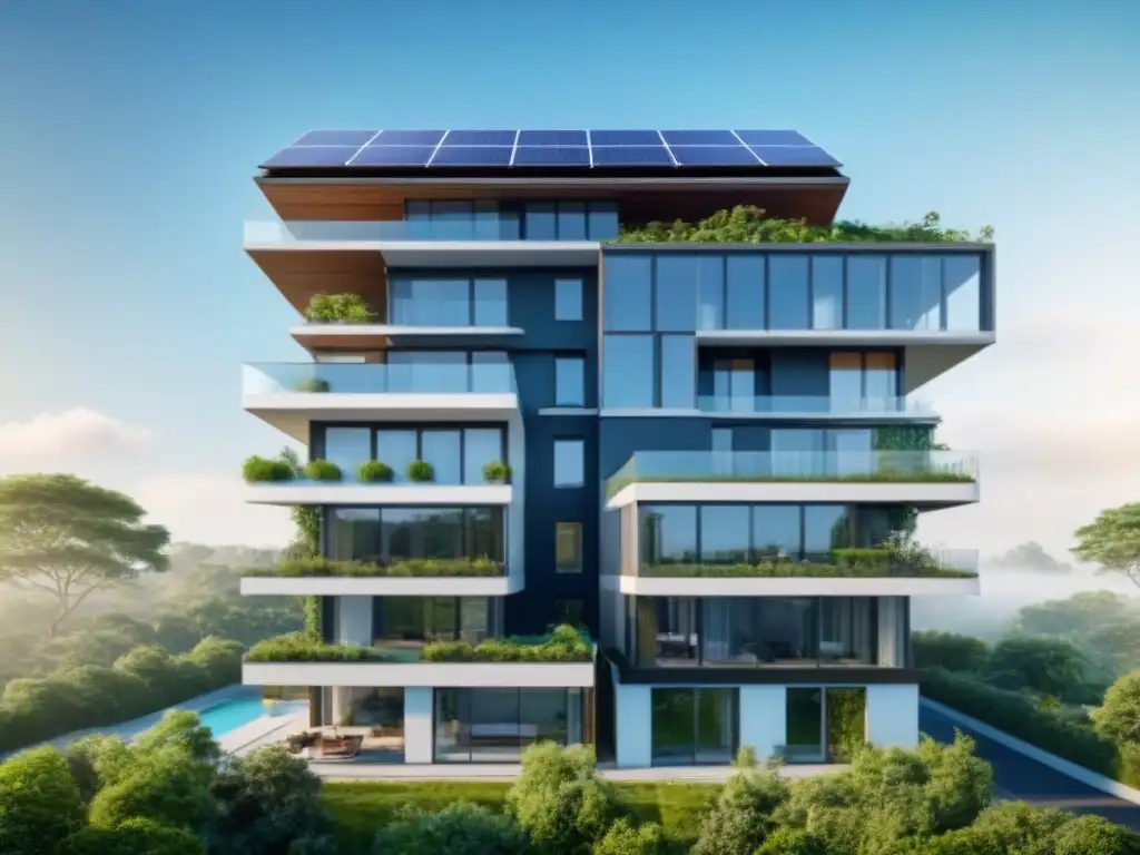 Arquitectura ecofriendly: Residencia moderna con paneles solares Invertir en residencias con diseño sostenible: moderno edificio ecoamigable con paneles solares rodeado de naturaleza y cielo azul