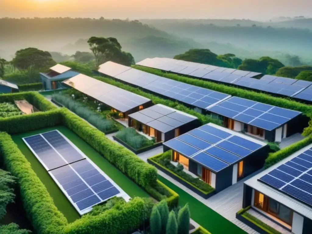 Complejo residencial sostenible: arquitectura eco en entorno verde Invierte en residencias con diseño sostenible rodeadas de naturaleza y energía renovable al atardecer