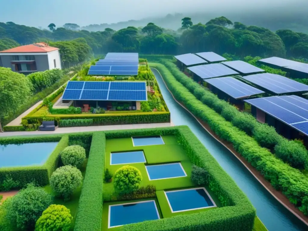 Complejo residencial ecológico: armonía entre naturaleza y modernidad Residencias ecoamigables en armonía con la naturaleza y sus habitantes disfrutando de actividades al aire libre