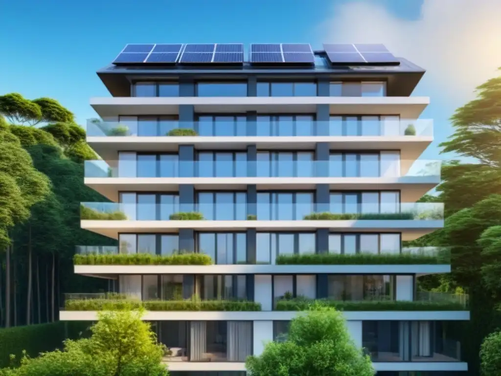 Residencia ecoamigable: diseño moderno en armonía con la naturaleza Residencias ecoamigables en el mercado inmobiliario: Edificio moderno rodeado de vegetación, paneles solares y diseño sostenible