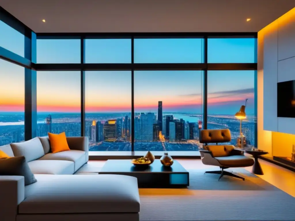 Modern living room con vista panorámica de ciudad al atardecer Residencias con espacios abiertos mercado: Sala de estar moderna y lujosa con vista a la ciudad al atardecer