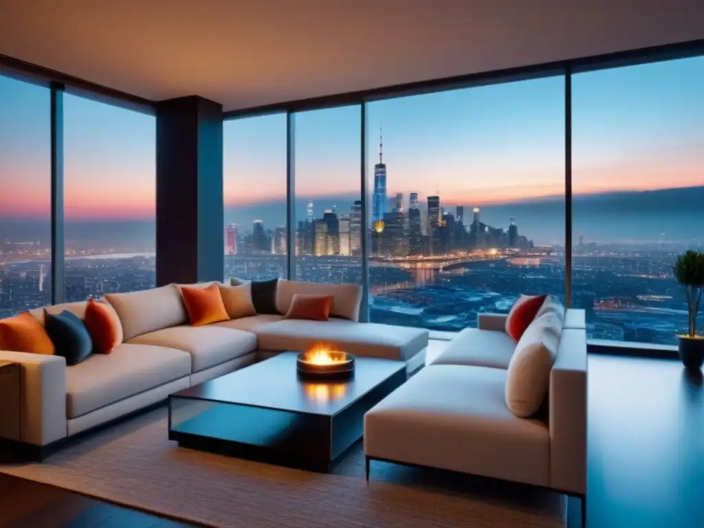 Salón de lujo con vista panorámica a la ciudad al atardecer Residencias con espacios abiertos mercado: Sala de estar moderna con vista panorámica de la ciudad al atardecer