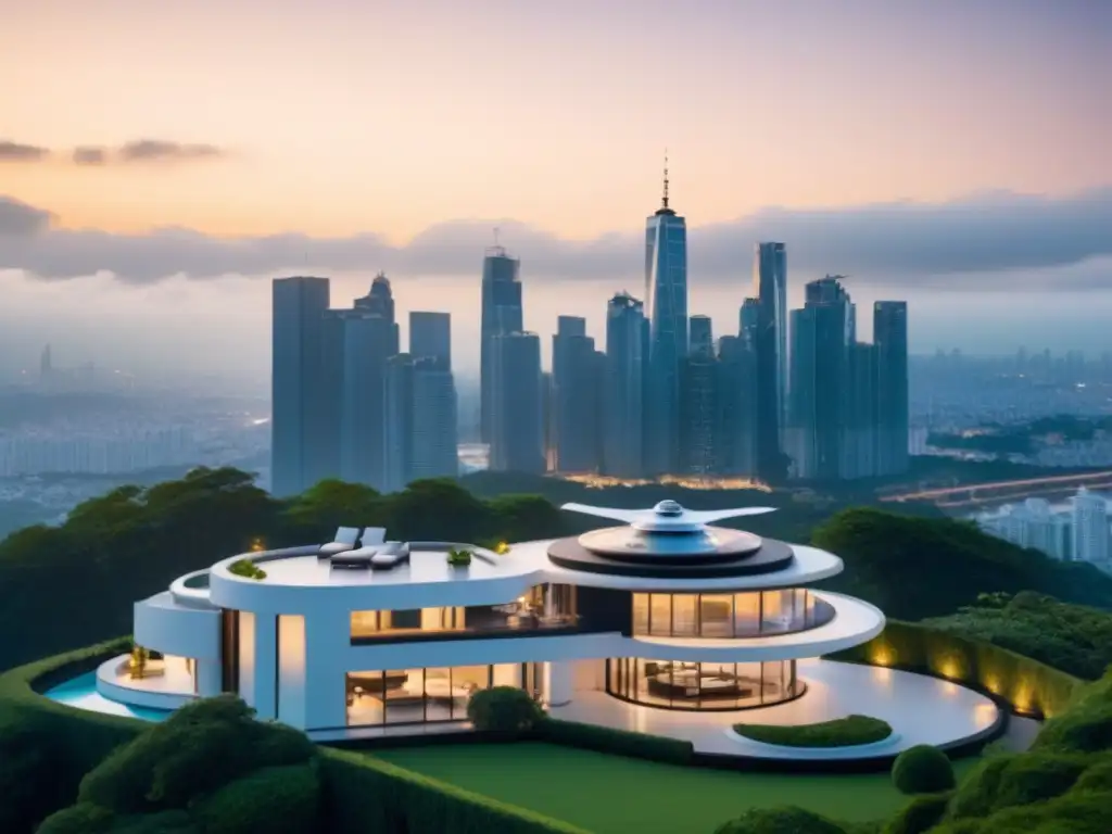 Mansión de lujo con helipuerto en el atardecer urbano Residencias de lujo con helipuertos: Mansión moderna con helipuerto iluminado, rodeada de vegetación y vista a la ciudad al atardecer