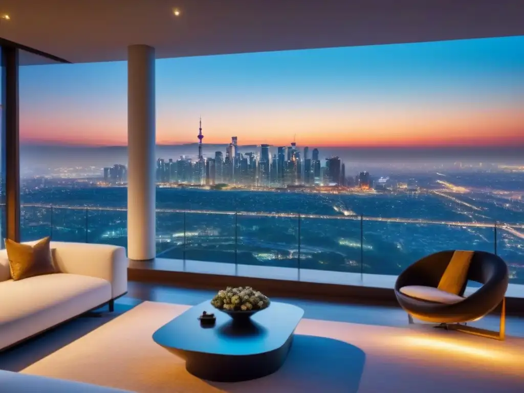 Residencia de lujo con helipuerto en la azotea al atardecer Residencias de lujo con helipuertos: Mansión moderna de diseño elegante con helipuerto en la azotea, vistas panorámicas de la ciudad al atardecer