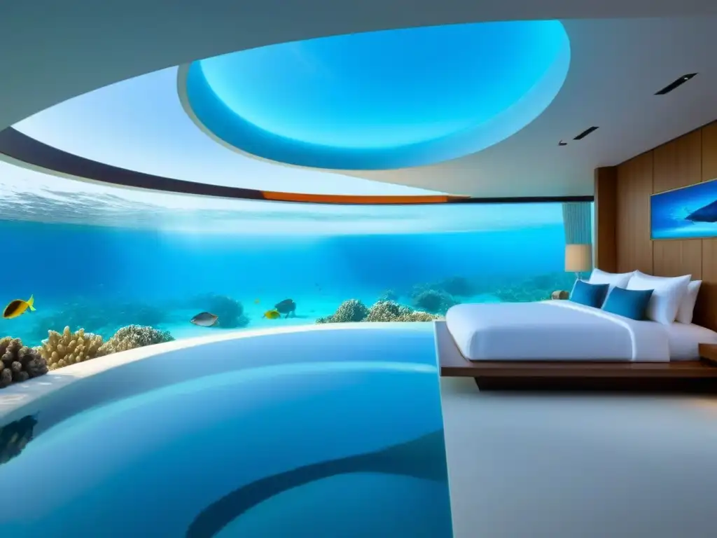 Residencia submarina de lujo con vistas a arrecifes de coral Residencias submarinas de lujo: Exclusivo hogar bajo el mar con vistas a arrecifes de coral y peces coloridos