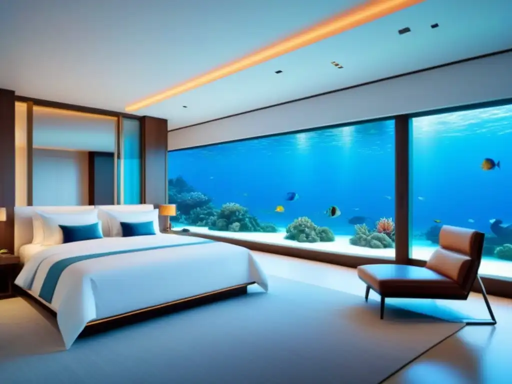Residencia de lujo submarina: coral vivo y diseño moderno Residencias submarinas de lujo: hogar exclusivo bajo el mar con ventanales, arrecifes de coral y peces tropicales