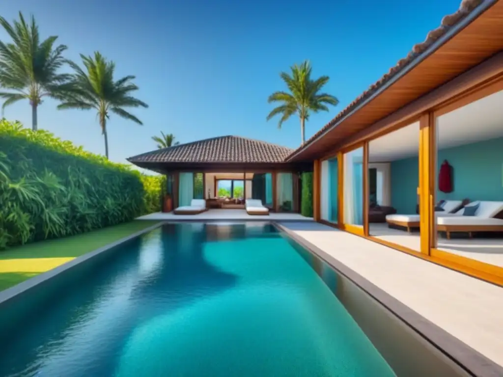 Espléndida villa de vacaciones con piscina turquesa y palmeras exuberantes Residencias vacacionales para familias globales: villa moderna con piscina turquesa y palmeras verdes bajo cielo azul brillante