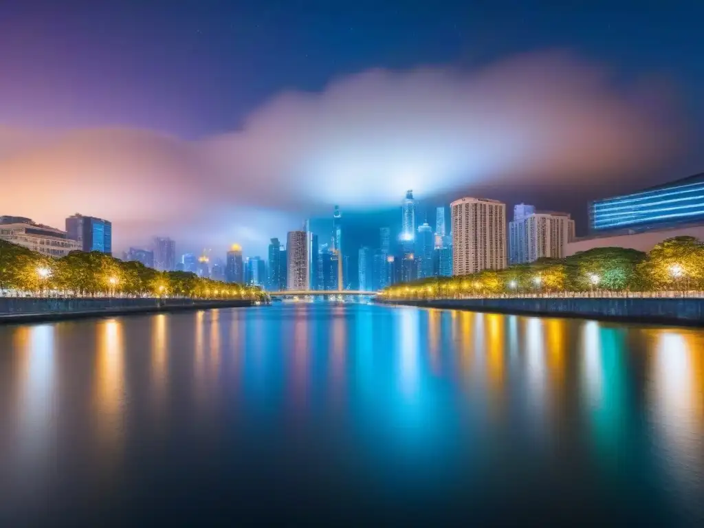 Horizonte urbano nocturno: luces, río y estrellas Resiliencia urbana frente cambio climático: Ciudad nocturna con rascacielos iluminados y estrellas en el cielo sobre un río