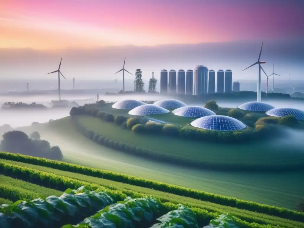 Horizonte urbano futurista: edificios verdes en armonía con la naturaleza Resiliencia urbana frente al cambio climático: Ciudad futurista al atardecer con edificios verdes y tecnología sostenible